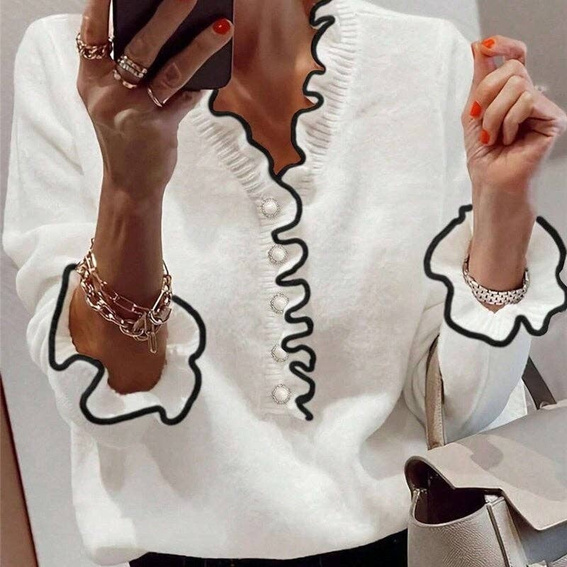 V-Neck Lacy Ruffle Sweater With Long Sleeves: WHITE - L, XL