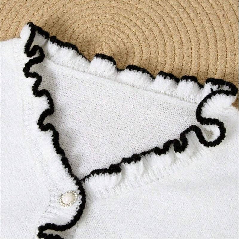 V-Neck Lacy Ruffle Sweater With Long Sleeves: WHITE - L, XL