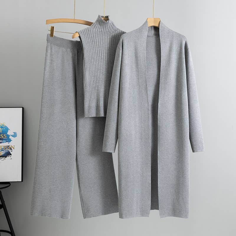 Knitted Vest, Cardigan, And Pants Set: Gray / One Size