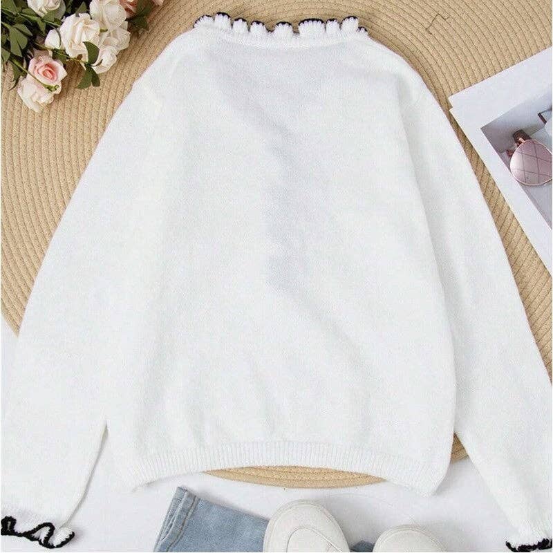 V-Neck Lacy Ruffle Sweater With Long Sleeves: WHITE - L, XL