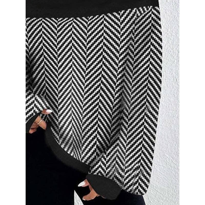 Long Sleeves Loose Split-Joint Striped High Neck Knitwear Pullovers Sweater Tops: BLACK / L, XL, 2X