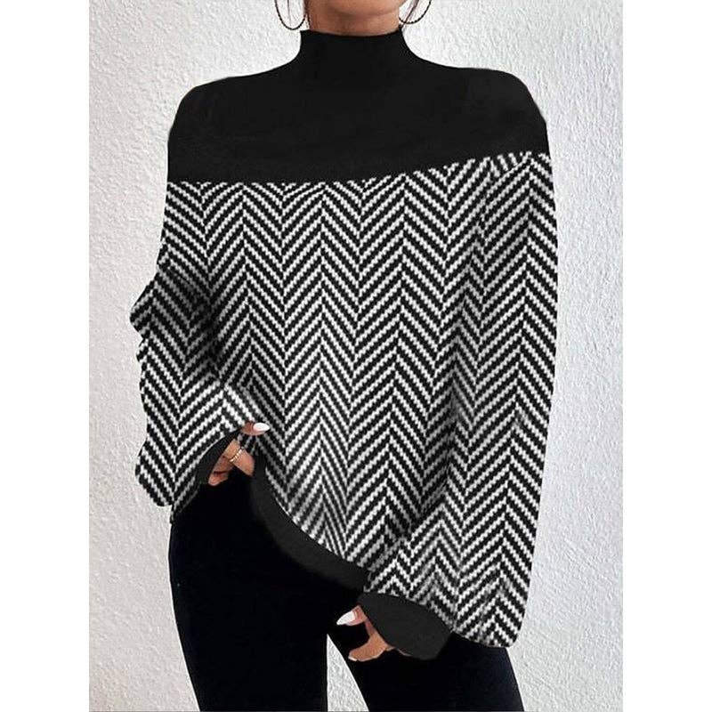 Long Sleeves Loose Split-Joint Striped High Neck Knitwear Pullovers Sweater Tops: BLACK / L, XL, 2X