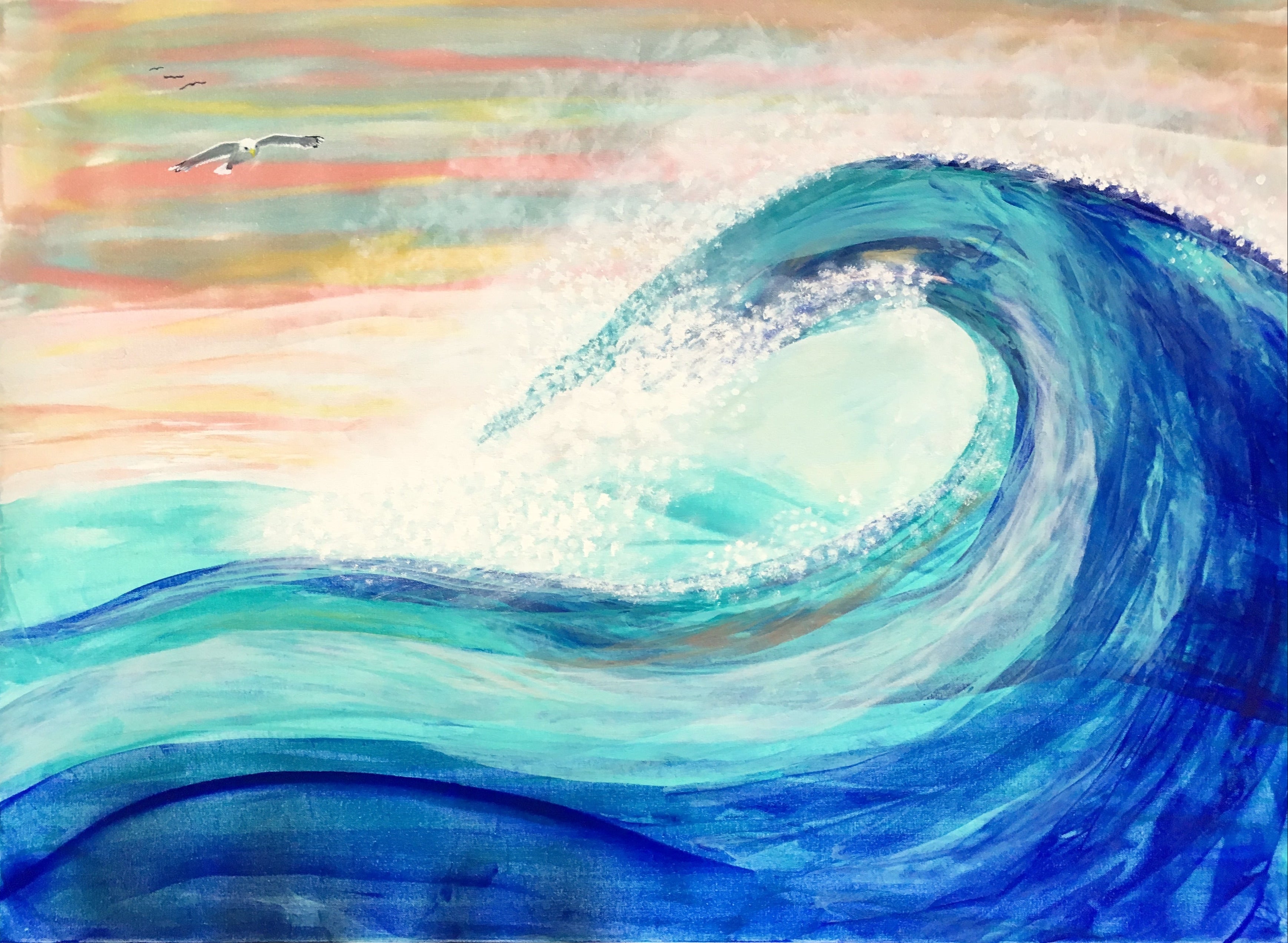 Painting by Wendy Arthur of a large wave with a colorful background