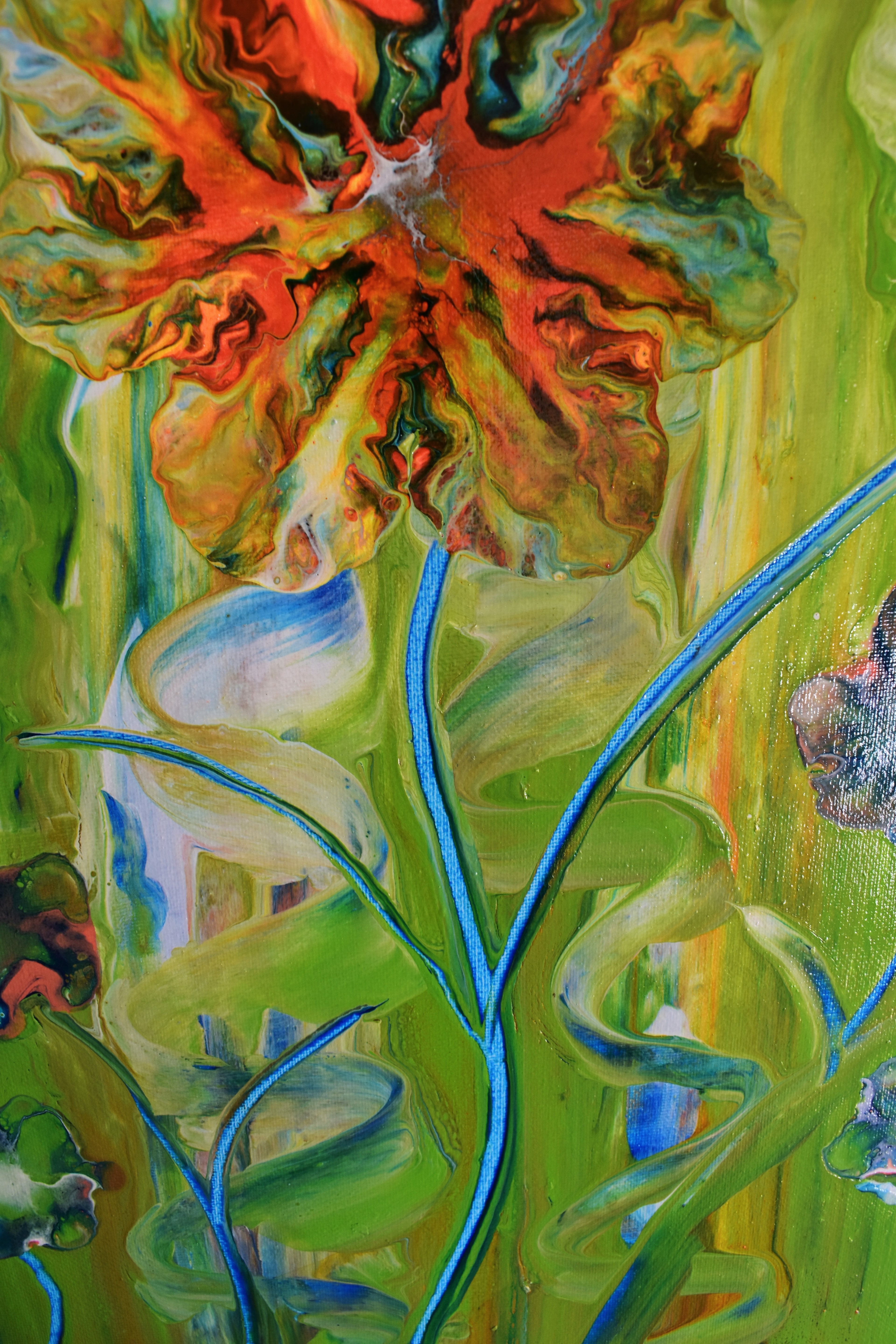 Colorful abstract painting of a flower with vibrant green and orange hues by American artist Wendy Arthur