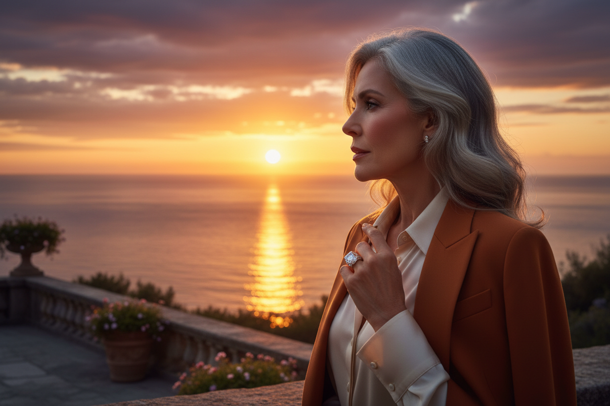 Classy and stylish 50-ish woman with silver hair, wearing a large diamond ring, looking at a beautiful sunset