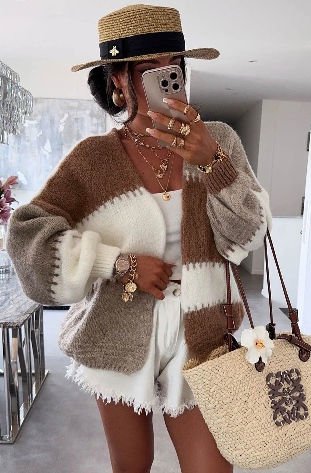 Miraya Contrast Colour Block Knitted Open-Front Cardigan