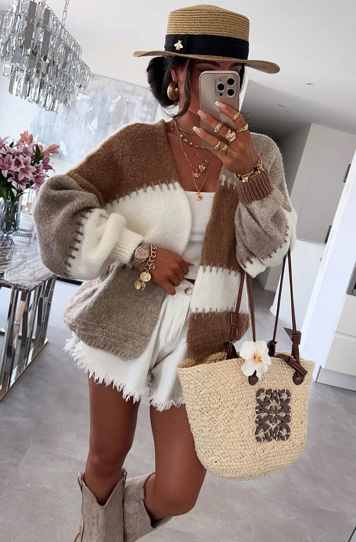 Miraya Contrast Colour Block Knitted Open-Front Cardigan