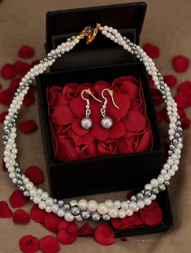 Vintage Gray, Cream and White Faux Pearls Necklace/Earring Set