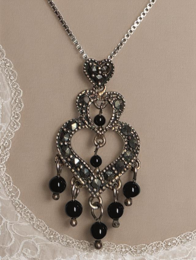 Vintage Triple Heart Marcasite Necklace