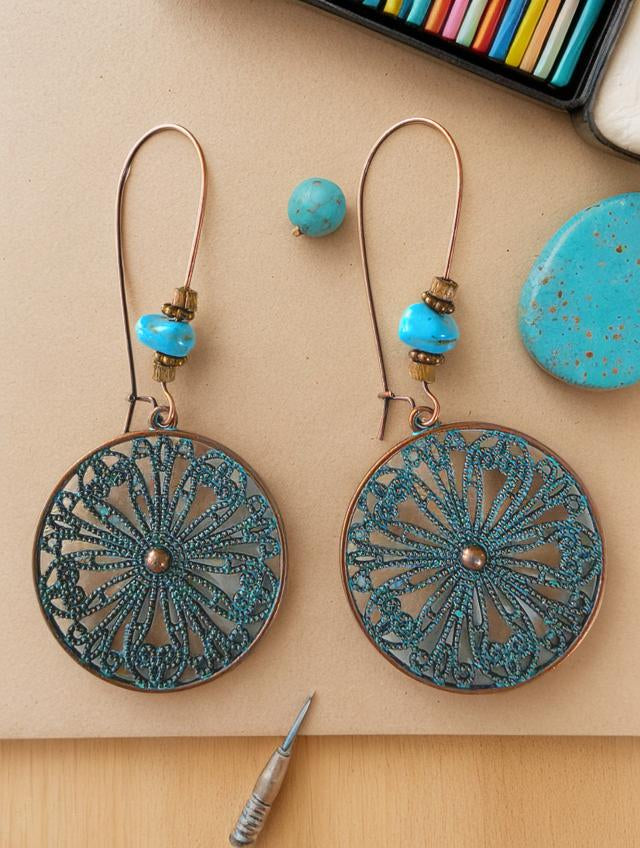 Teal Flower Metal Earrings
